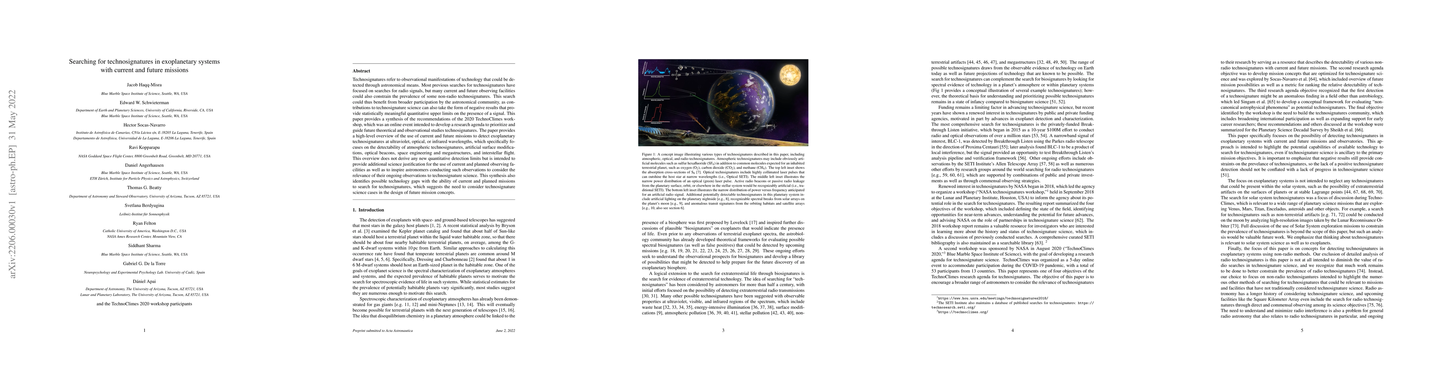 Thumbnail for Searching for technosignatures in exoplanetary systems with current and
  future missions