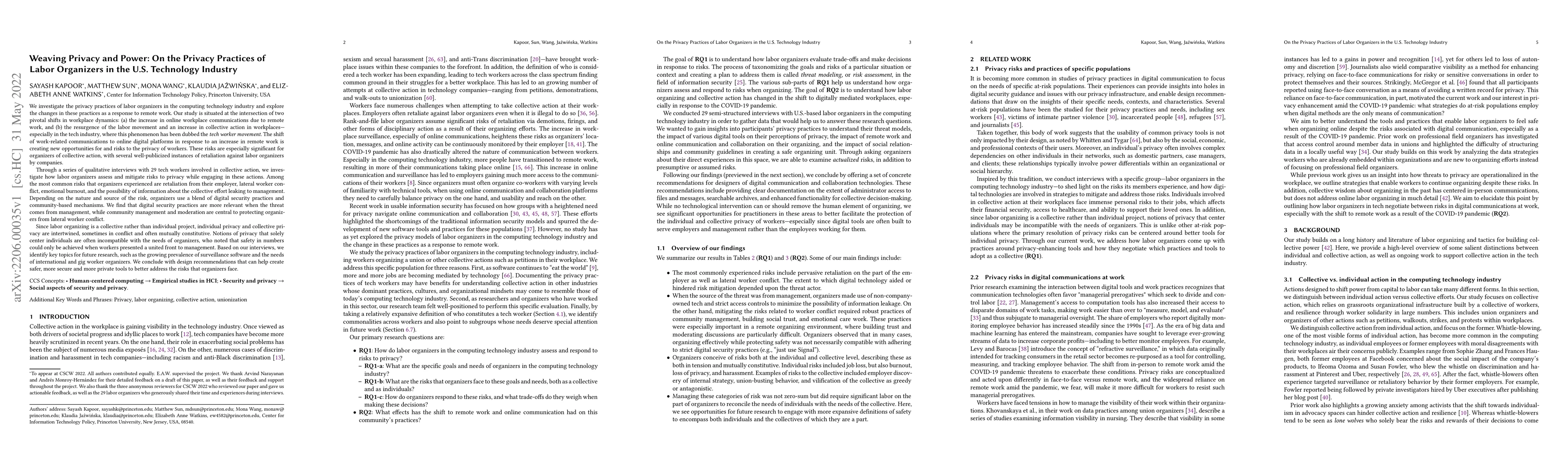 Thumbnail for Weaving Privacy and Power: On the Privacy Practices of Labor Organizers
  in the U.S. Technology Industry