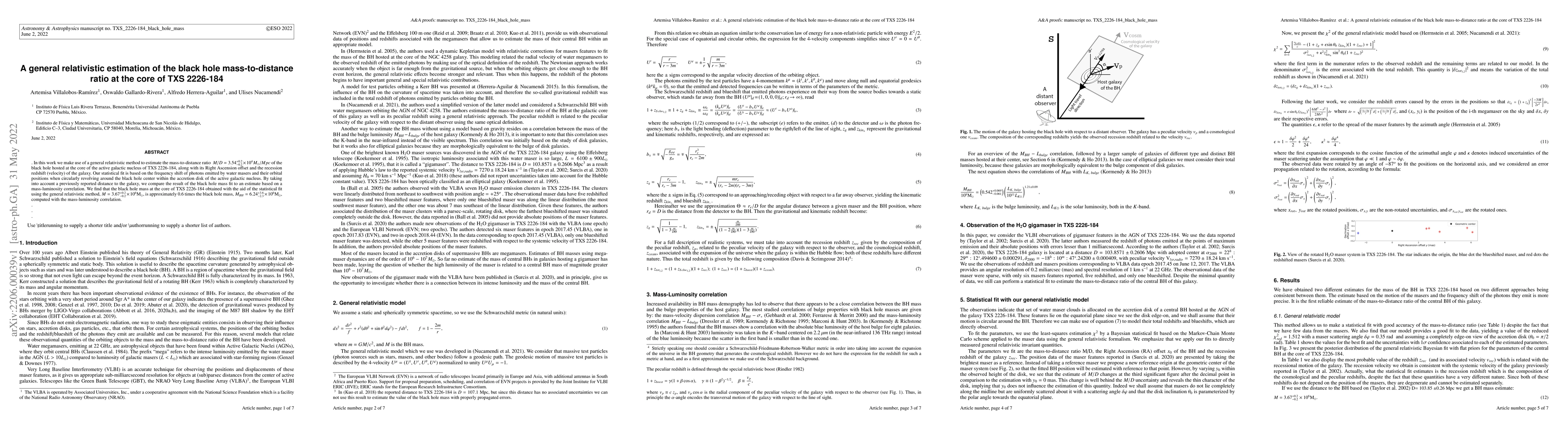 Thumbnail for A general relativistic estimation of the black hole mass-to-distance
  ratio at the core of TXS 2226-184