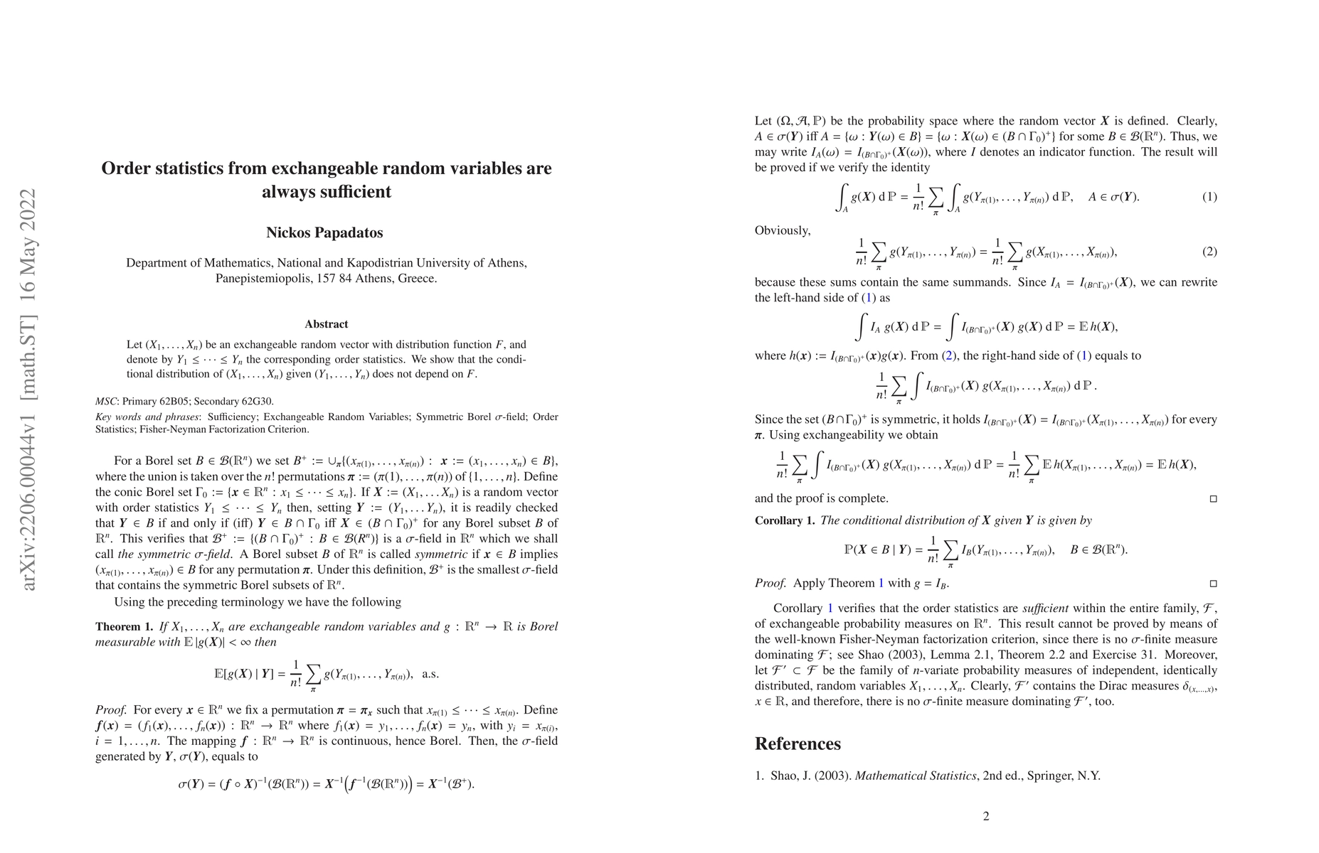 Thumbnail for Order statistics from exchangeable random variables are always
  sufficient