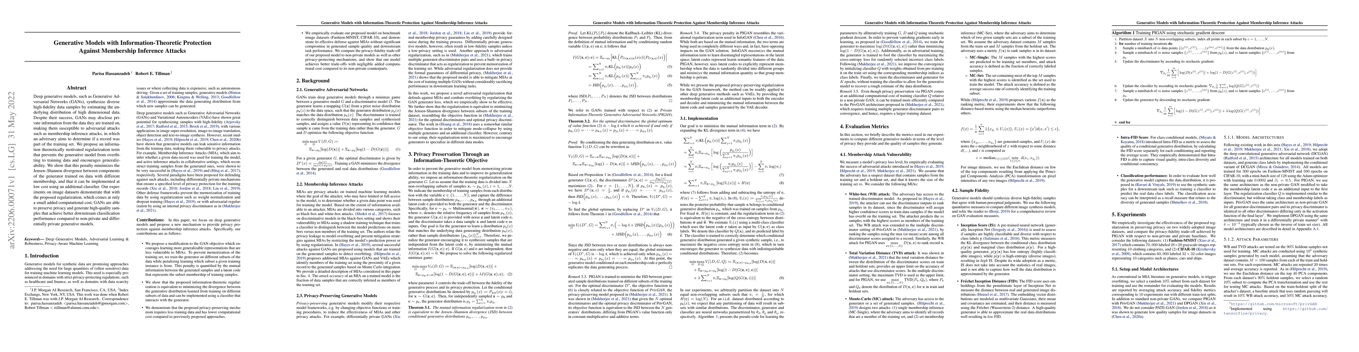 Thumbnail for Generative Models with Information-Theoretic Protection Against
  Membership Inference Attacks