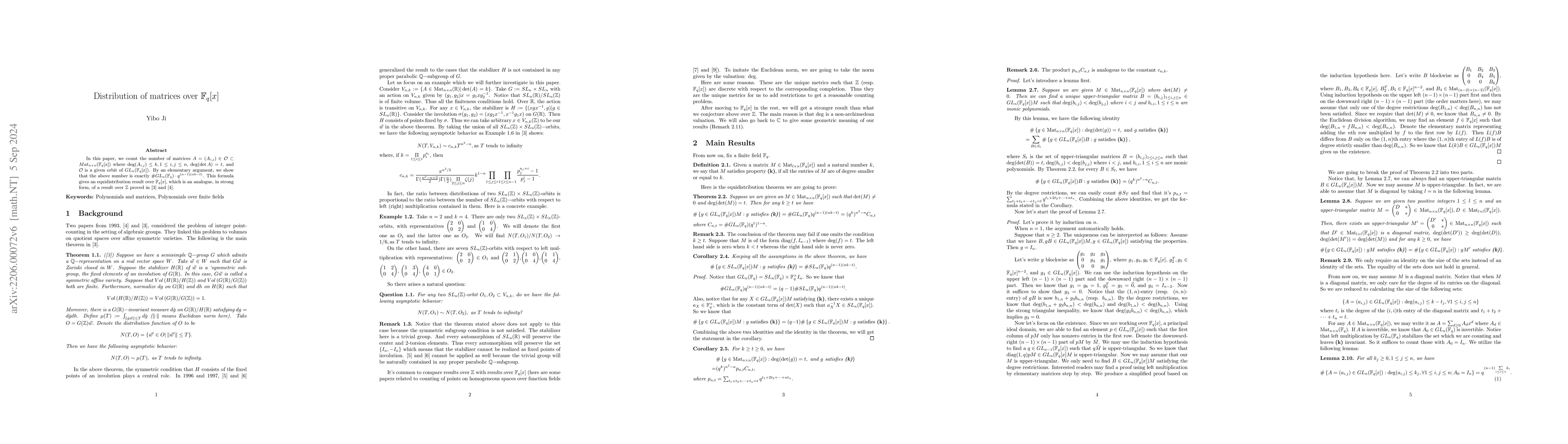 Thumbnail for Distributions of Matrices over $\mathbb{F}_q[x]$