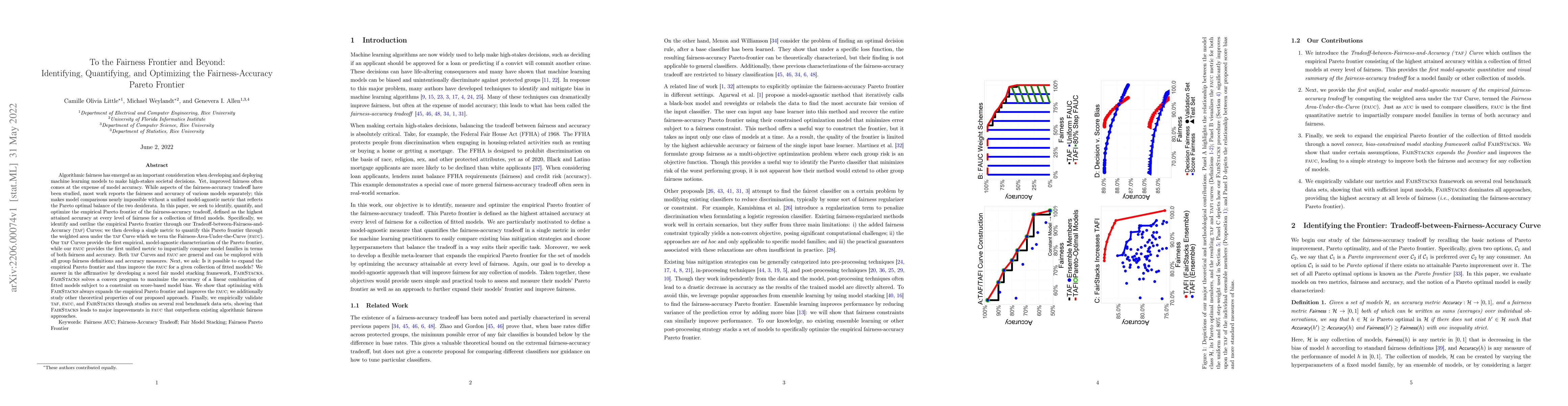 Thumbnail for To the Fairness Frontier and Beyond: Identifying, Quantifying, and
  Optimizing the Fairness-Accuracy Pareto Frontier