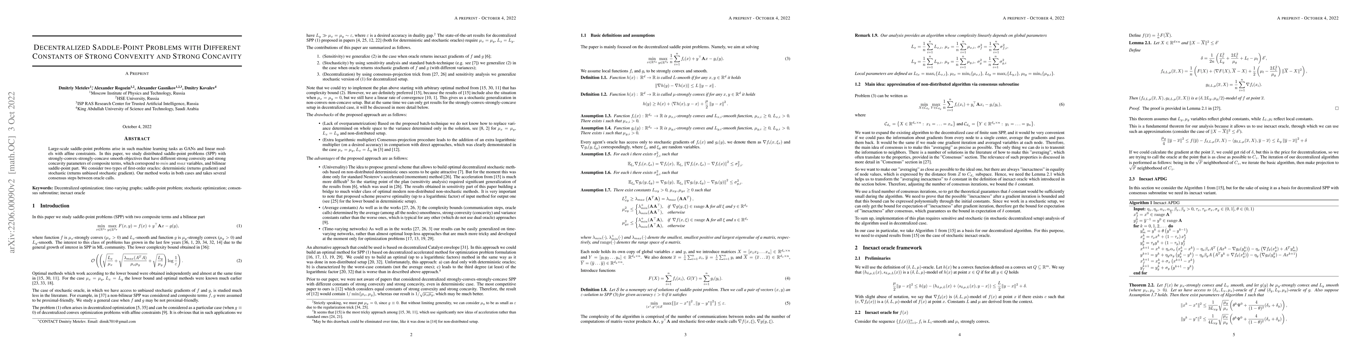 Thumbnail for Decentralized Saddle-Point Problems with Different Constants of Strong
  Convexity and Strong Concavity