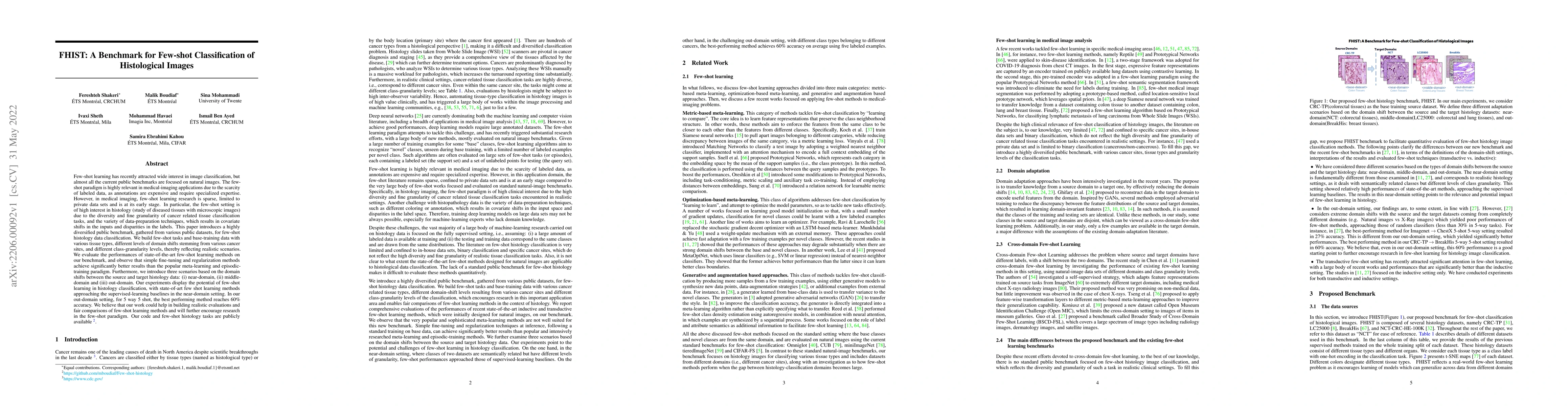 Thumbnail for FHIST: A Benchmark for Few-shot Classification of Histological Images