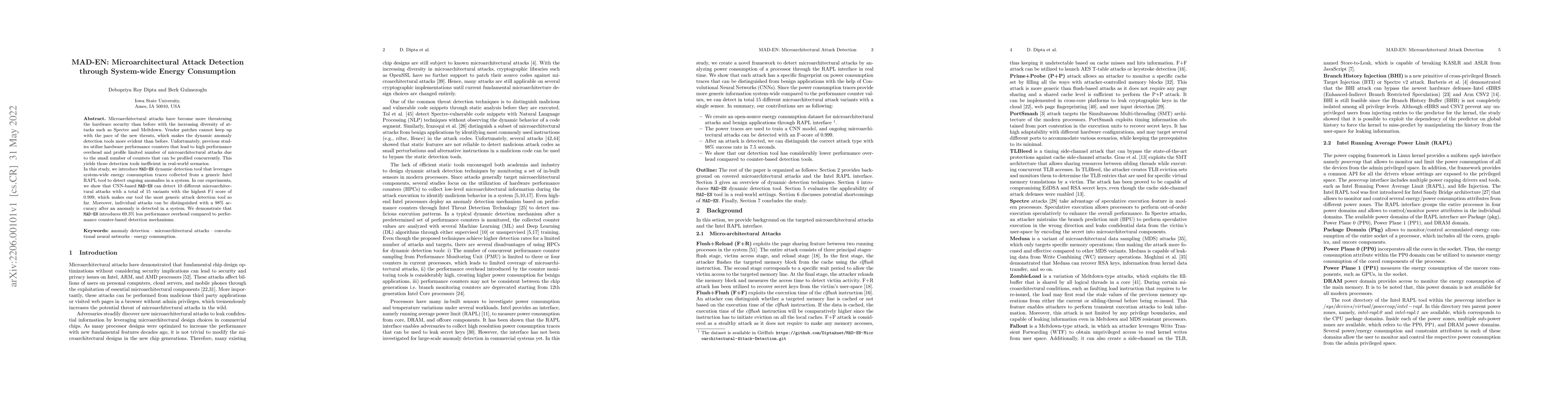 Thumbnail for MAD-EN: Microarchitectural Attack Detection through System-wide Energy
  Consumption