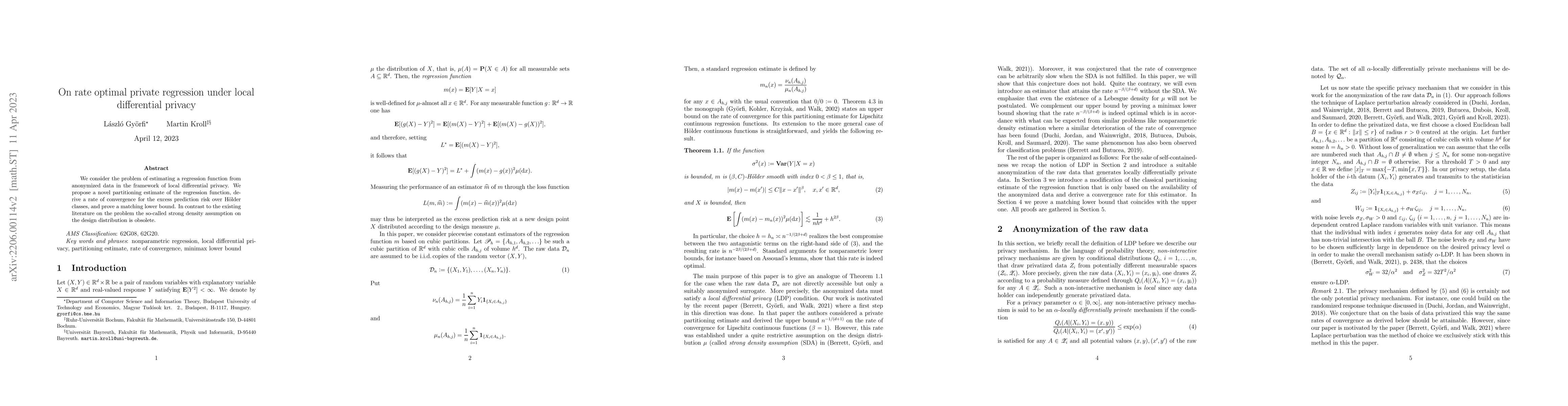 Thumbnail for On rate optimal private regression under local differential privacy