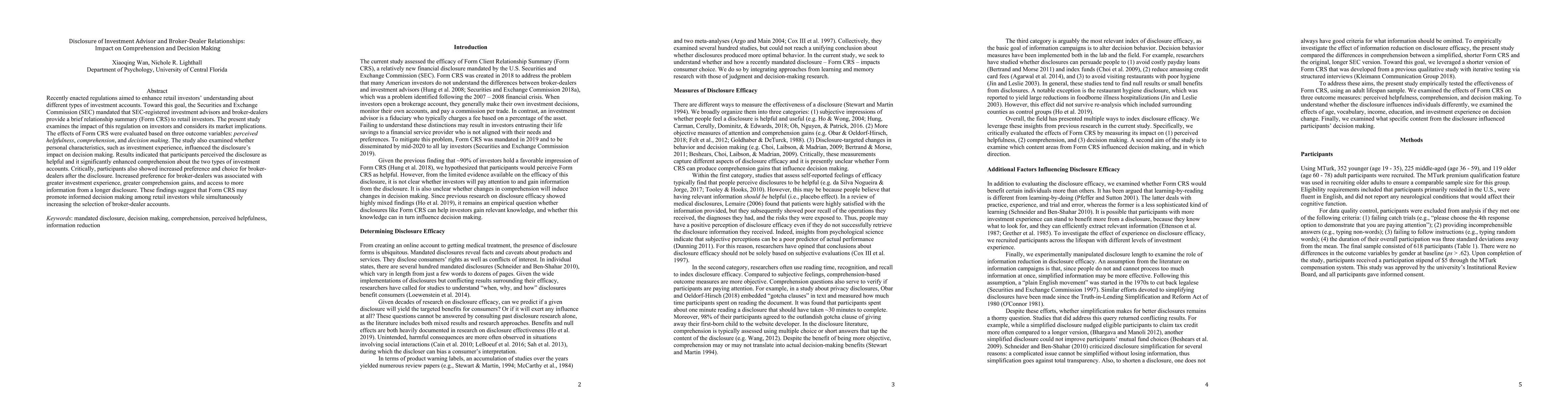 Thumbnail for Disclosure of Investment Advisor and Broker-Dealer Relationships: Impact
  on Comprehension and Decision Making