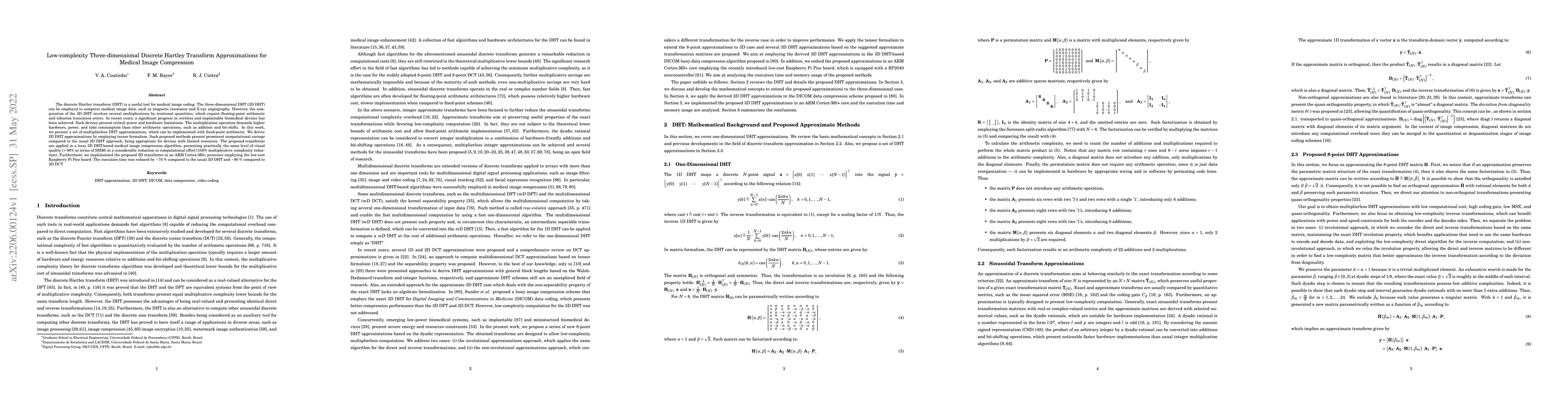 Thumbnail for Low-complexity Three-dimensional Discrete Hartley Transform
  Approximations for Medical Image Compression