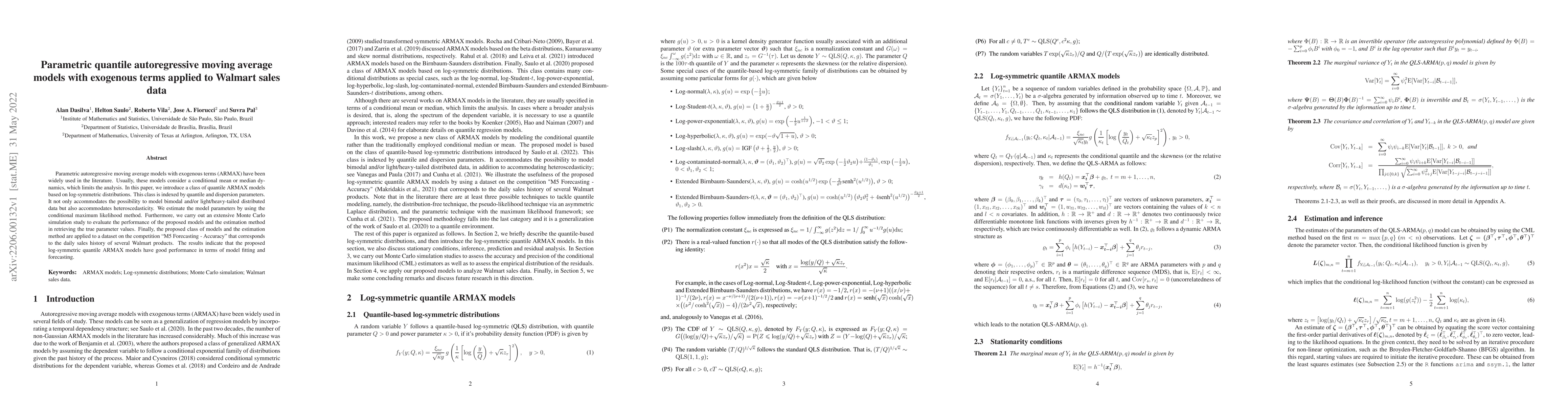 Thumbnail for Parametric quantile autoregressive moving average models with exogenous
  terms applied to Walmart sales data