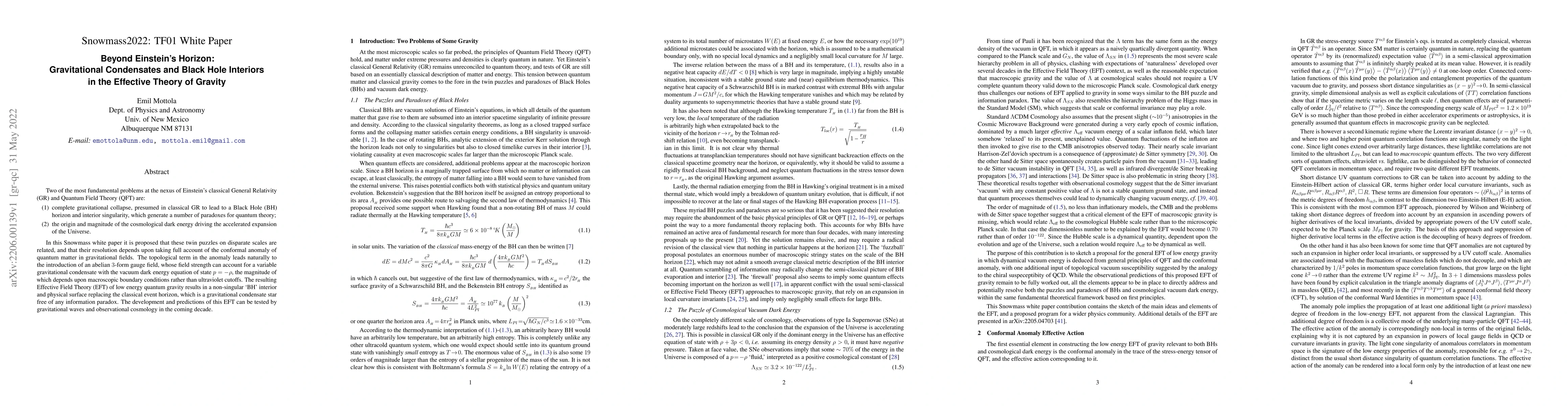Thumbnail for Beyond Einstein's Horizon: Gravitational Condensates and Black Hole
  Interiors in the Effective Theory of Gravity