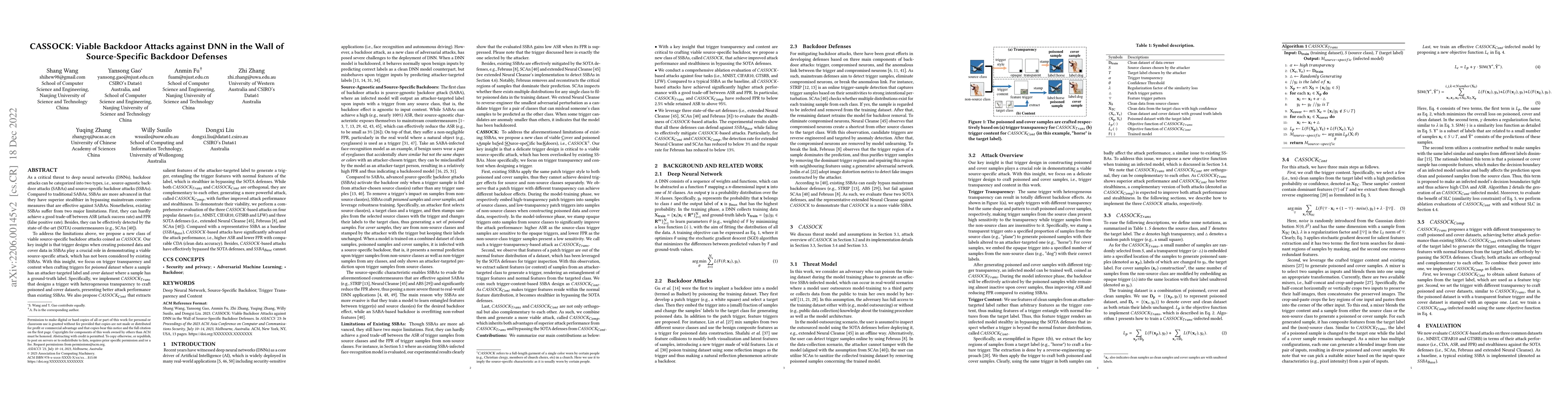 Thumbnail for CASSOCK: Viable Backdoor Attacks against DNN in The Wall of
  Source-Specific Backdoor Defences