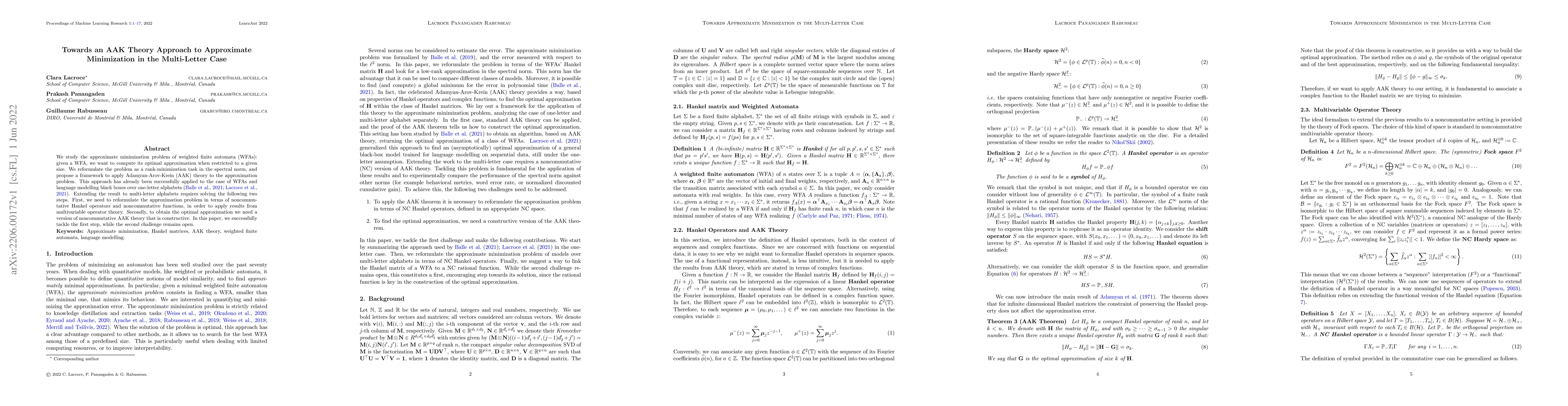 Thumbnail for Towards an AAK Theory Approach to Approximate Minimization in the
  Multi-Letter Case