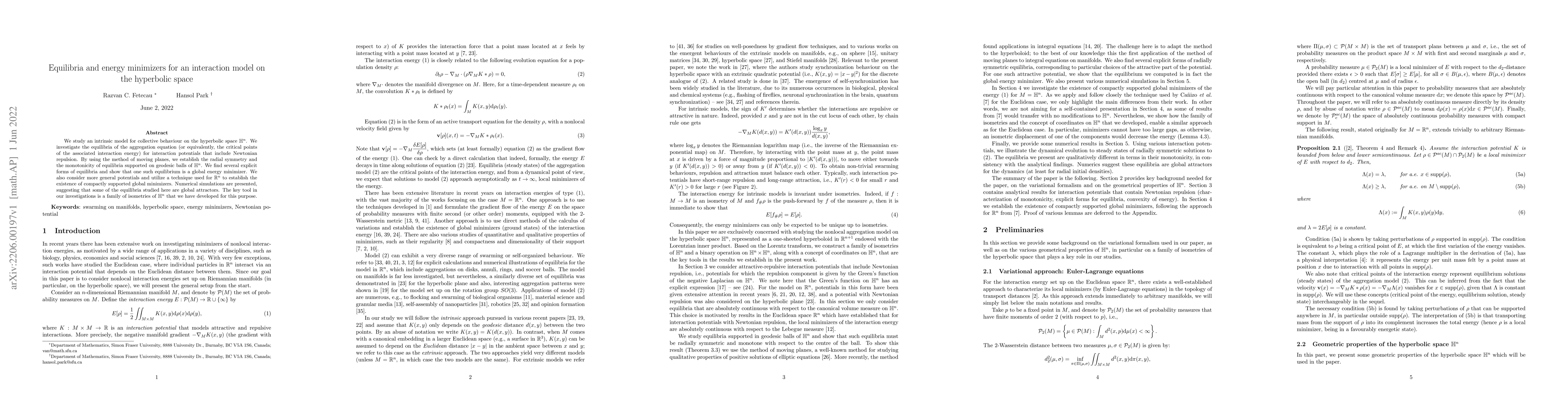 Thumbnail for Equilibria and energy minimizers for an interaction model on the
  hyperbolic space
