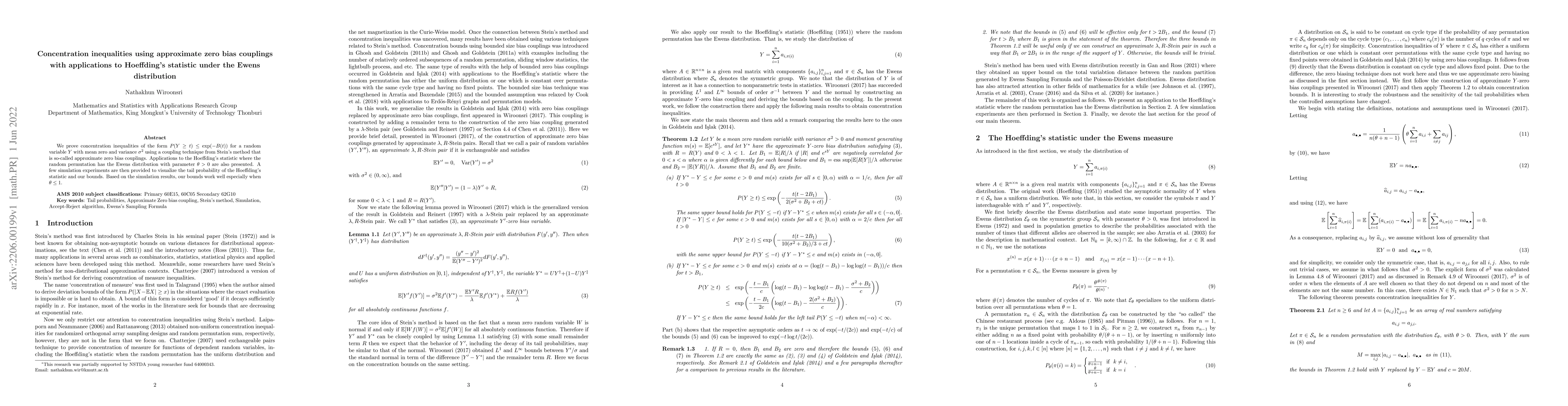 Thumbnail for Concentration inequalities using approximate zero bias couplings with
  applications to Hoeffding's statistic under the Ewens distribution