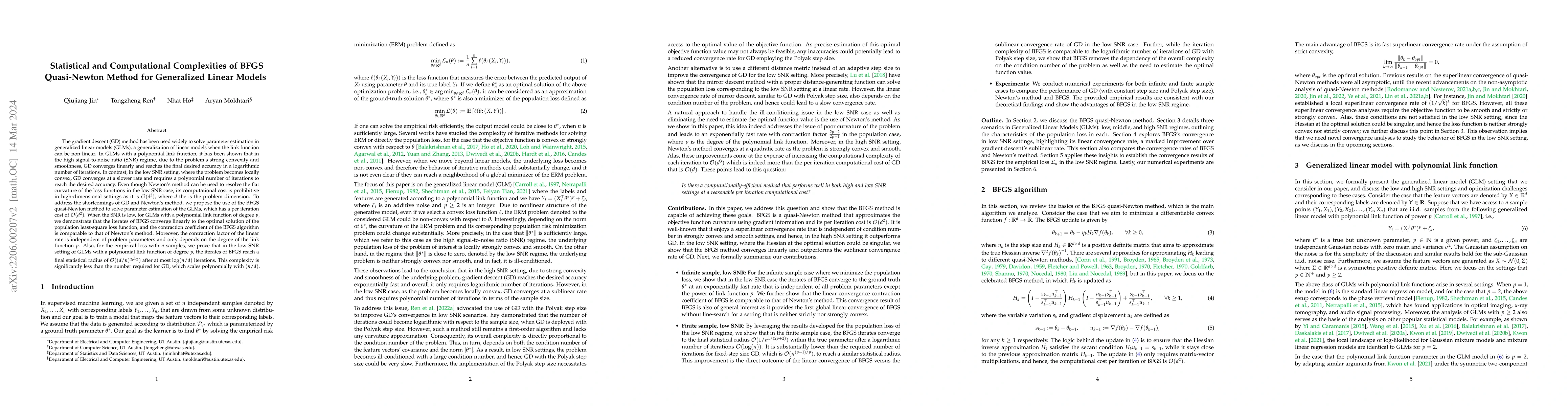 Thumbnail for Statistical and Computational Complexities of BFGS Quasi-Newton Method
  for Generalized Linear Models