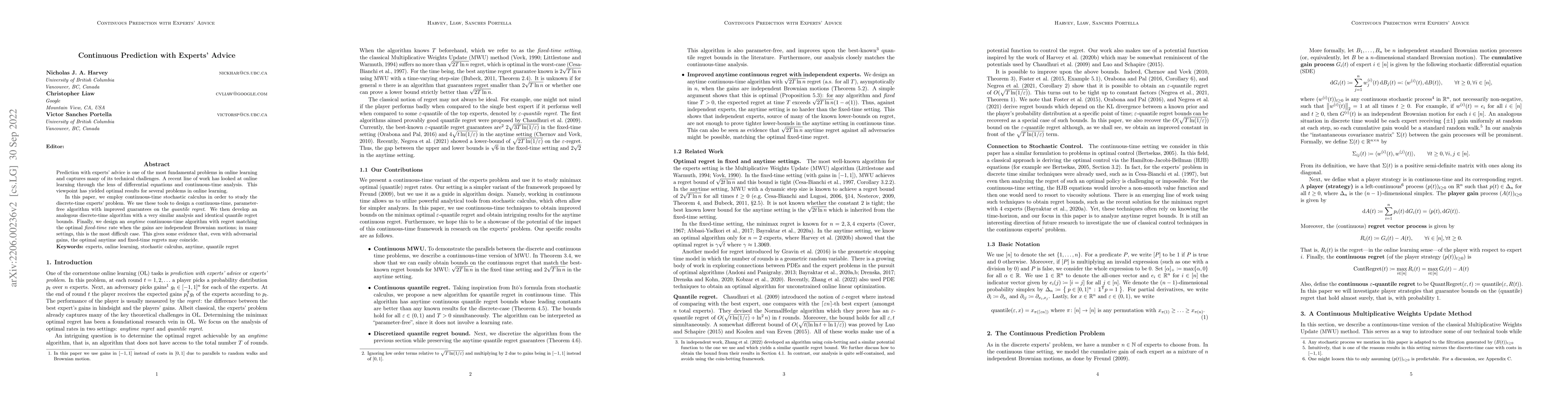 Thumbnail for Continuous Prediction with Experts' Advice