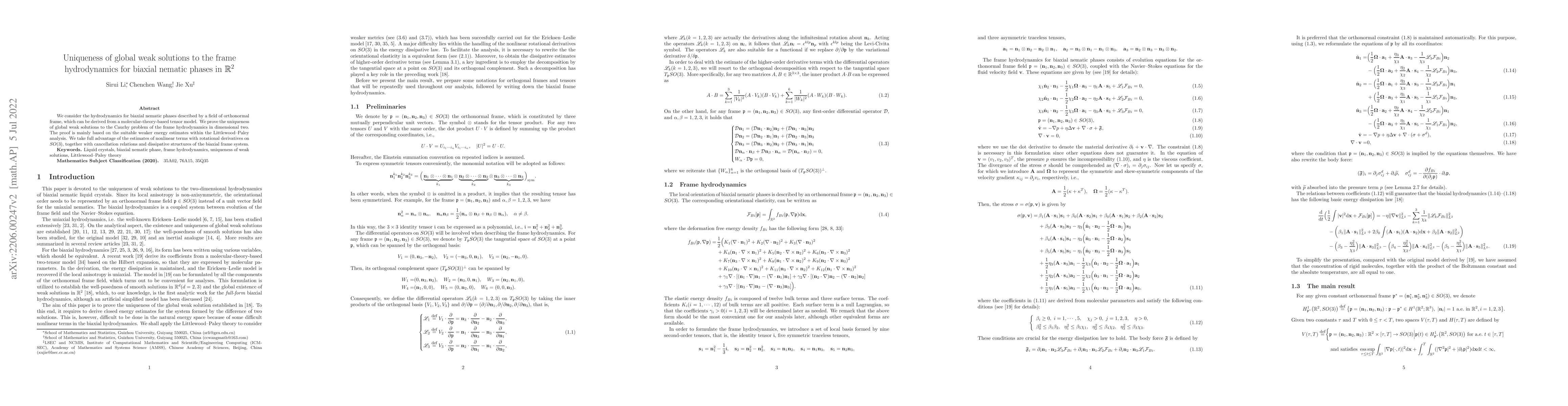 Thumbnail for Uniqueness of global weak solutions to the frame hydrodynamics for
  biaxial nematic phases in $\mathbb{R}^2$