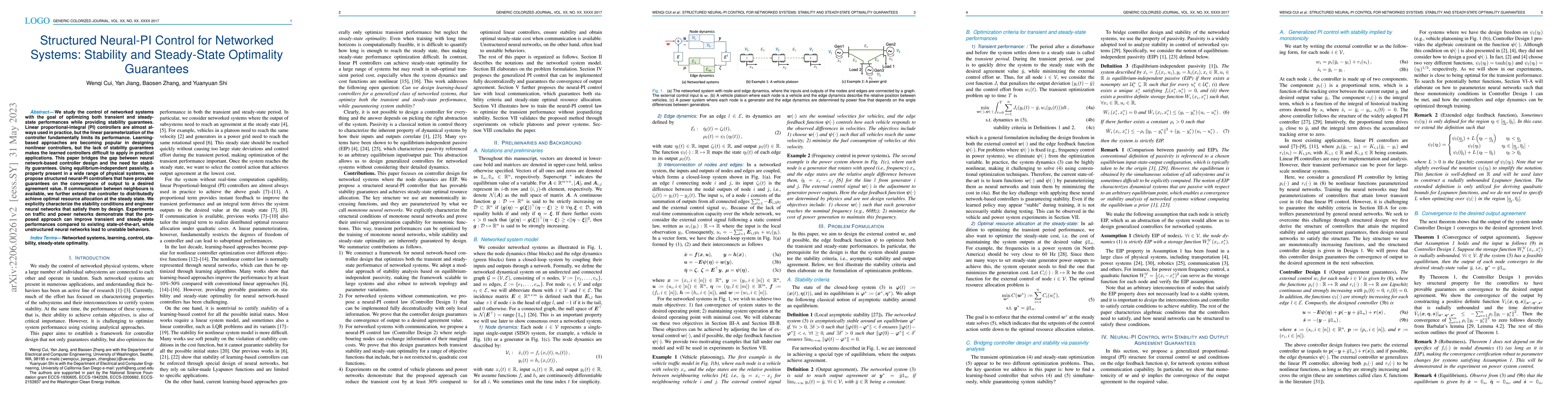 Thumbnail for Structured Neural-PI Control for Networked Systems: Stability and
  Steady-State Optimality Guarantees