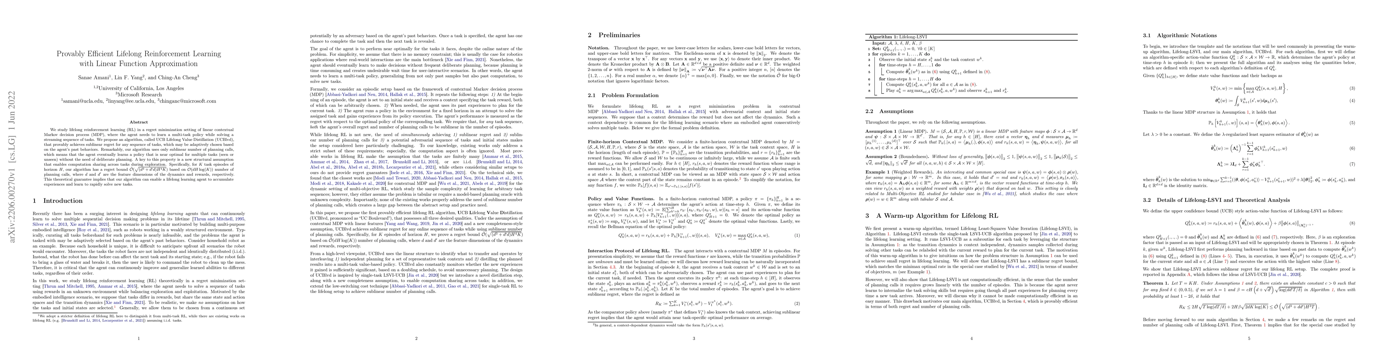Thumbnail for Provably Efficient Lifelong Reinforcement Learning with Linear Function
  Approximation