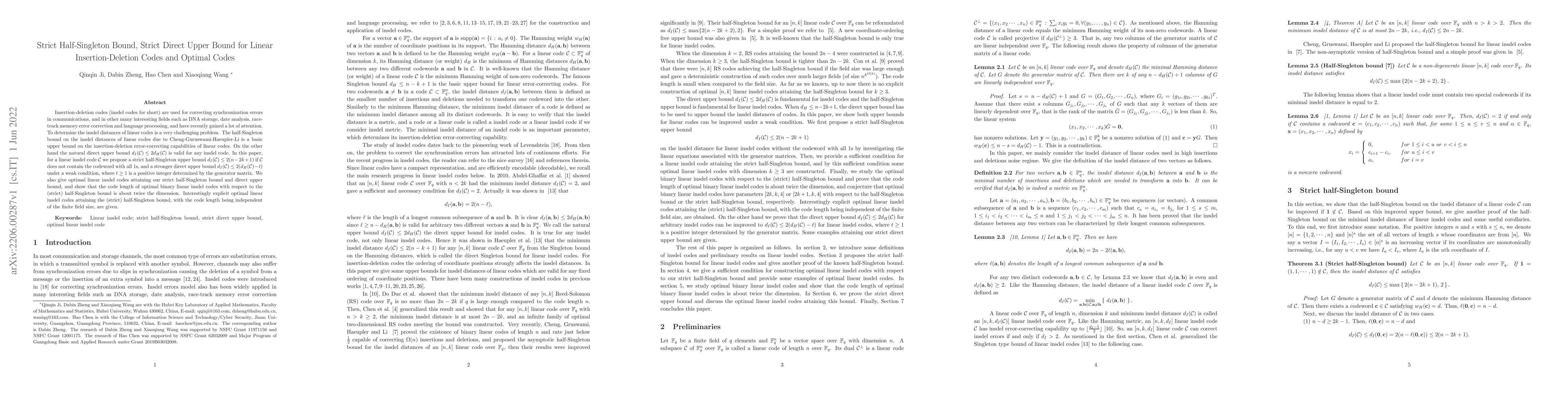 Thumbnail for Strict Half-Singleton Bound, Strict Direct Upper Bound for Linear
  Insertion-Deletion Codes and Optimal Codes
