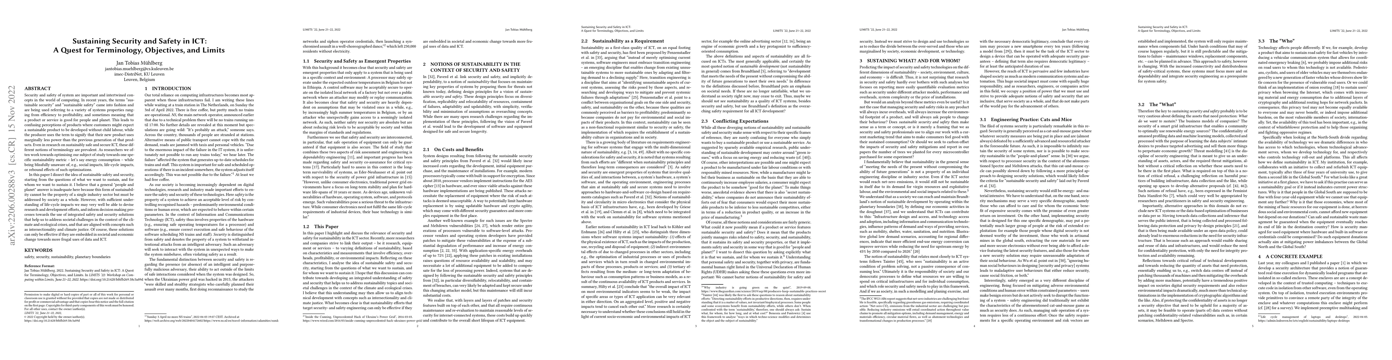Thumbnail for Sustaining Security and Safety in ICT: A Quest for Terminology,
  Objectives, and Limits