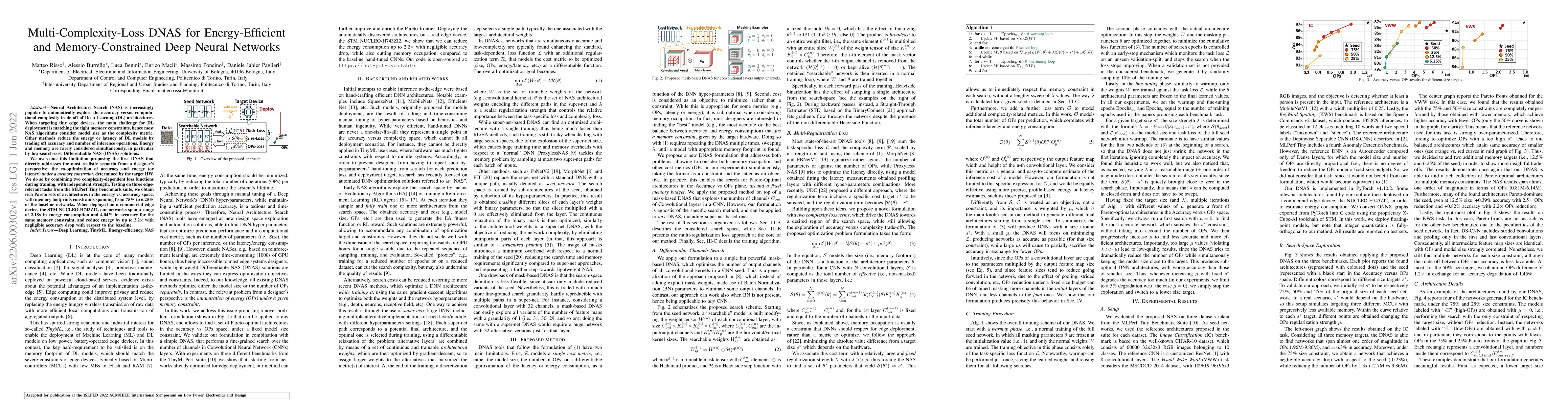 Thumbnail for Multi-Complexity-Loss DNAS for Energy-Efficient and Memory-Constrained
  Deep Neural Networks