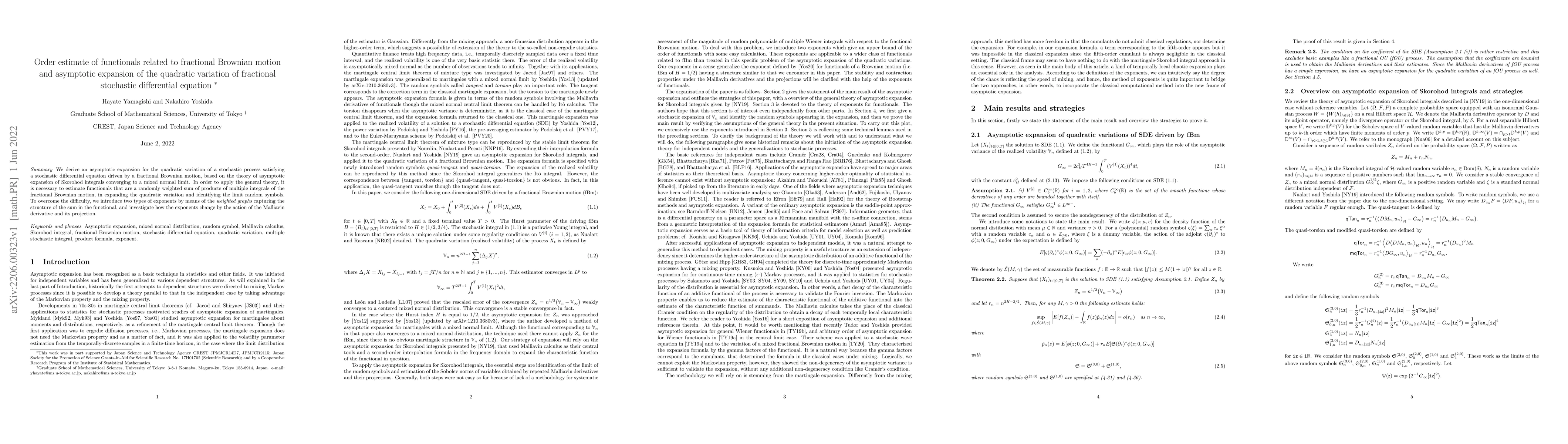 Thumbnail for Order estimate of functionals related to fractional Brownian motion and
  asymptotic expansion of the quadratic variation of fractional stochastic
  differential equation