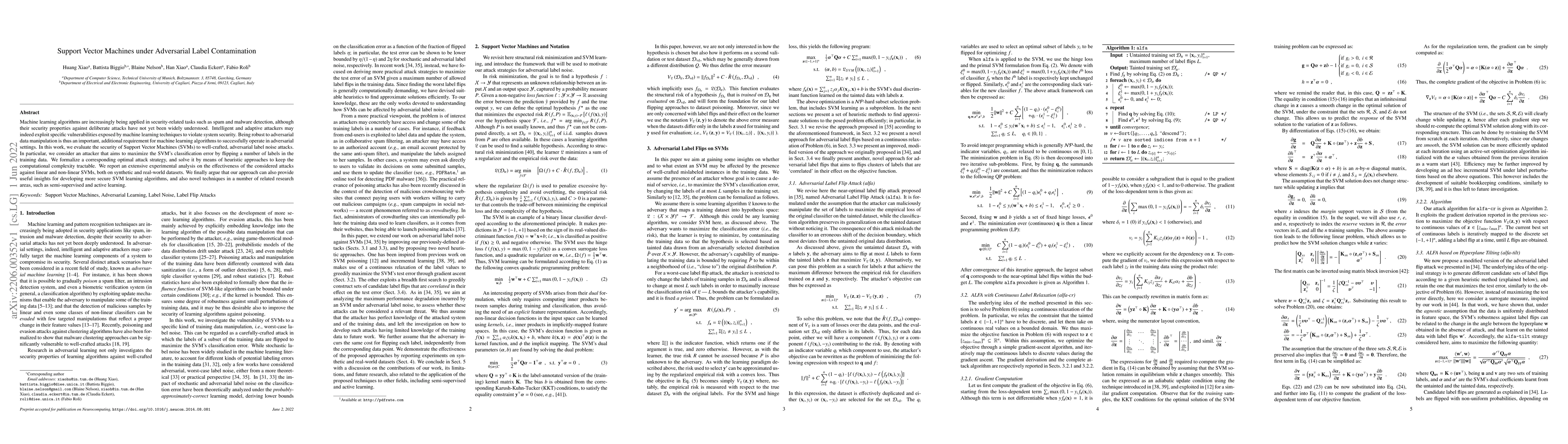 Thumbnail for Support Vector Machines under Adversarial Label Contamination