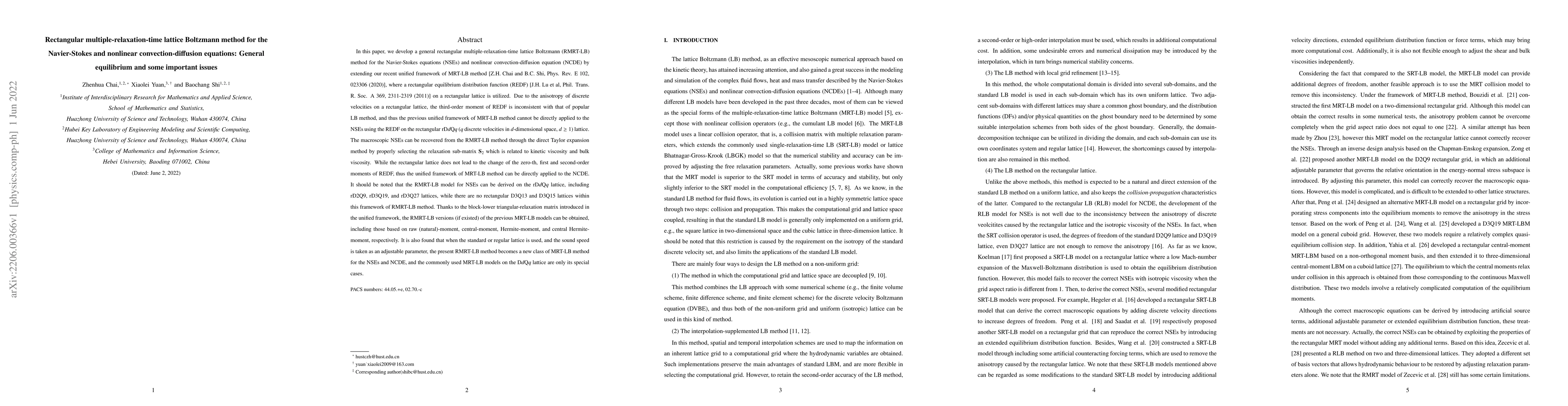 Thumbnail for Rectangular multiple-relaxation-time lattice Boltzmann method for the
  Navier-Stokes and nonlinear convection-diffusion equations: General
  equilibrium and some important issues