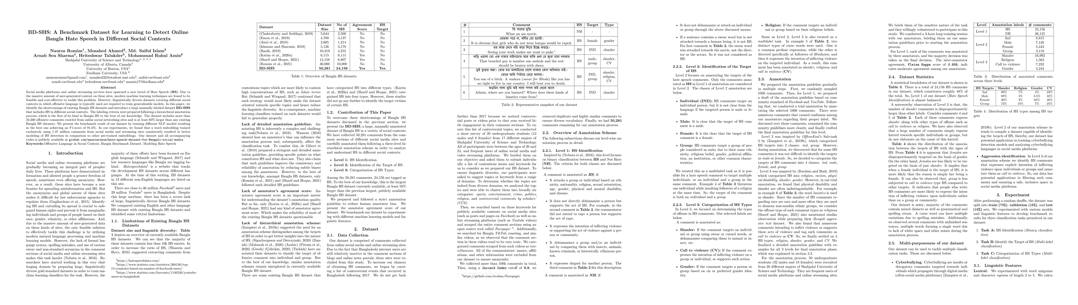 Thumbnail for BD-SHS: A Benchmark Dataset for Learning to Detect Online Bangla Hate
  Speech in Different Social Contexts
