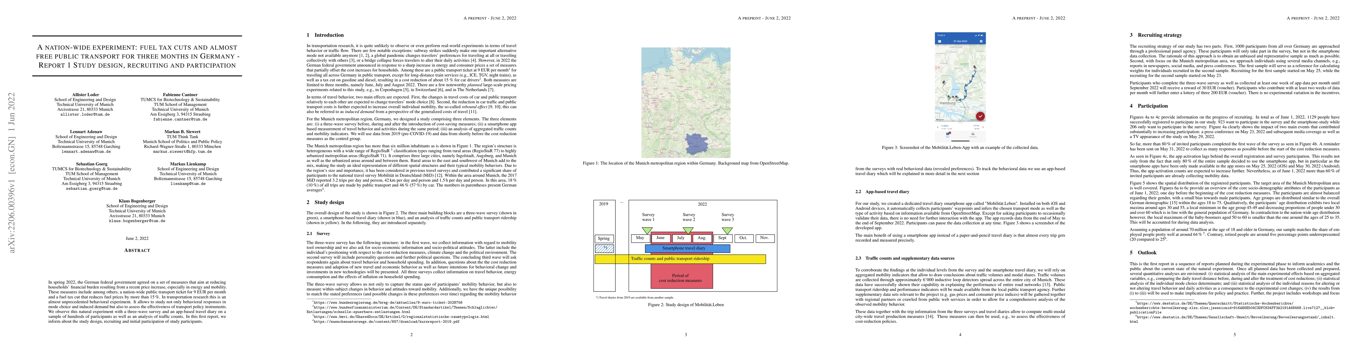 Thumbnail for A nation-wide experiment: fuel tax cuts and almost free public transport
  for three months in Germany -- Report 1 Study design, recruiting and
  participation