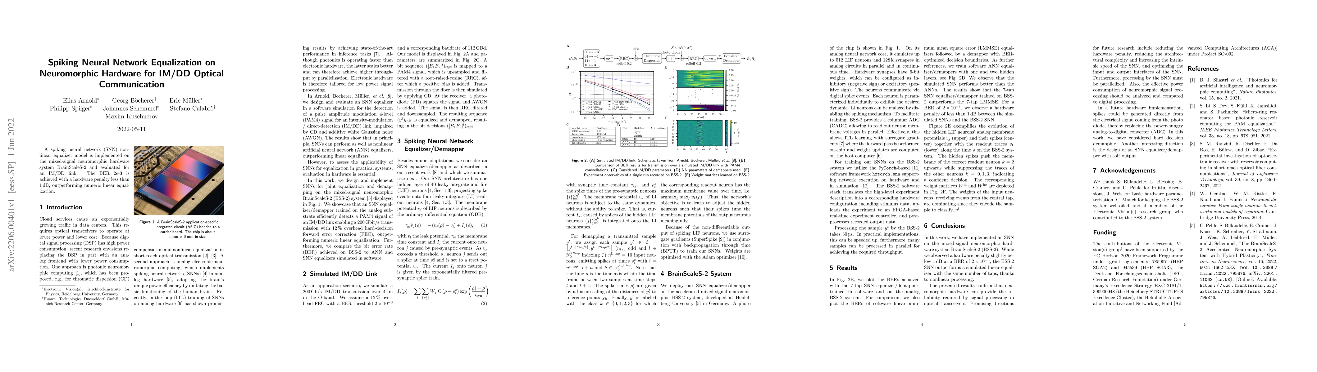 Thumbnail for Spiking Neural Network Equalization on Neuromorphic Hardware for IM/DD
  Optical Communication