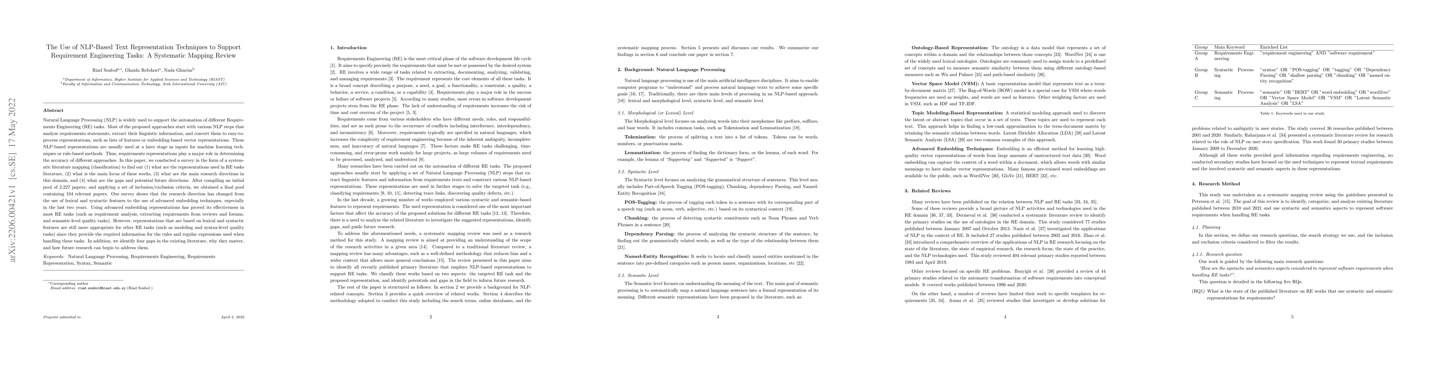 Thumbnail for The Use of NLP-Based Text Representation Techniques to Support
  Requirement Engineering Tasks: A Systematic Mapping Review