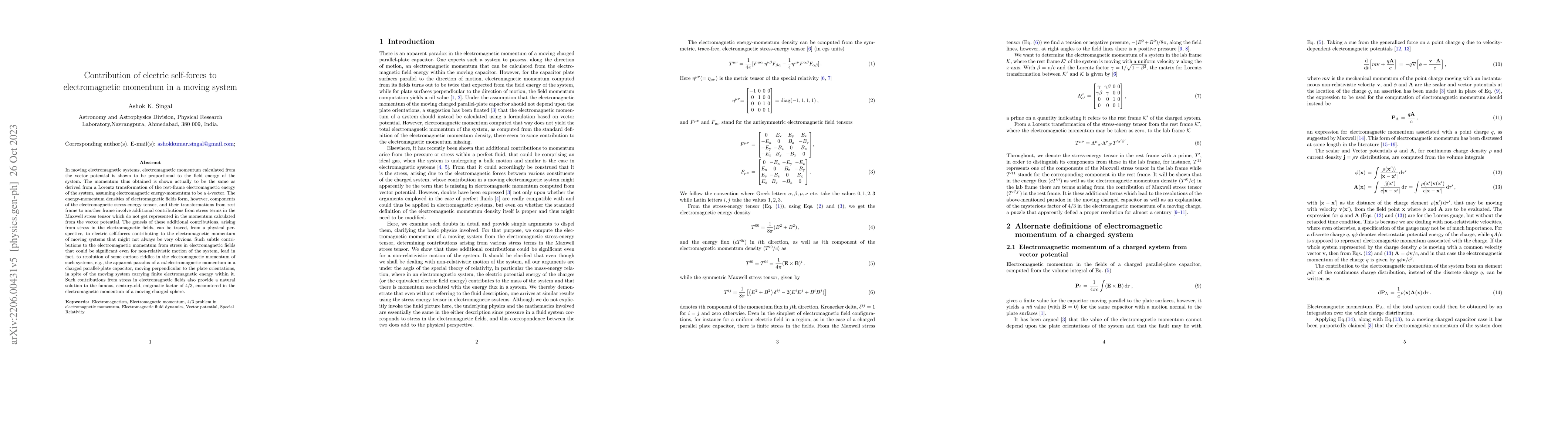 Thumbnail for Contribution of electric self-forces to electromagnetic momentum in a
  moving system