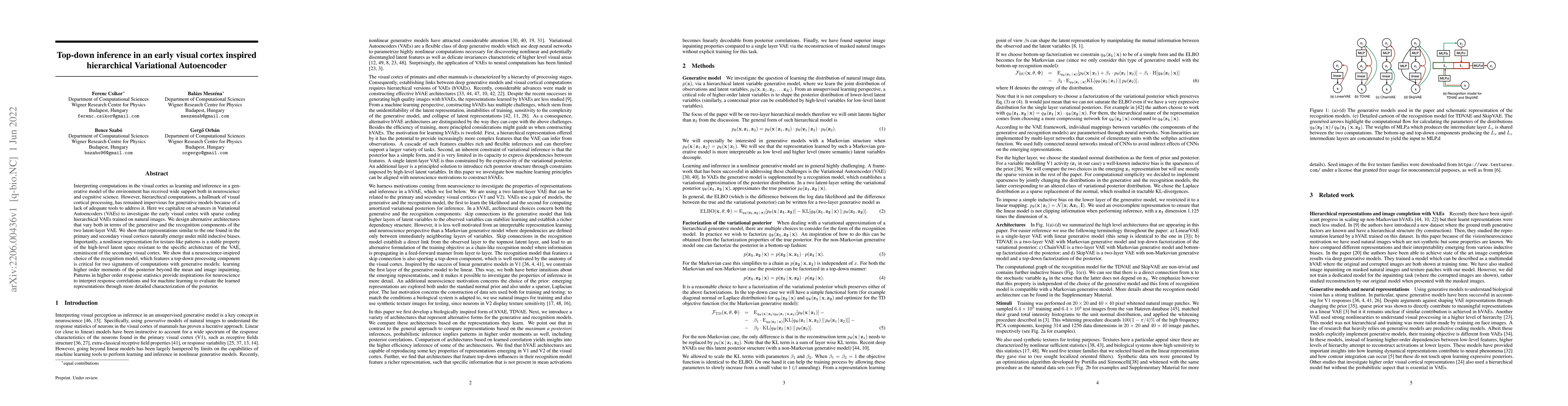 Thumbnail for Top-down inference in an early visual cortex inspired hierarchical
  Variational Autoencoder