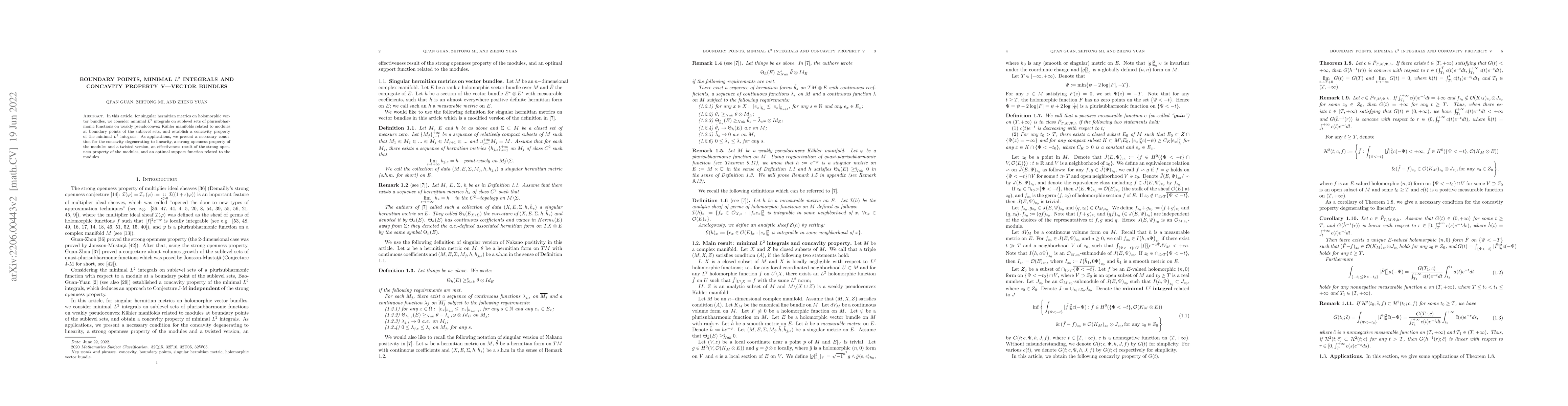 Thumbnail for Boundary points, minimal $L^2$ integrals and concavity property V --
  vector bundles