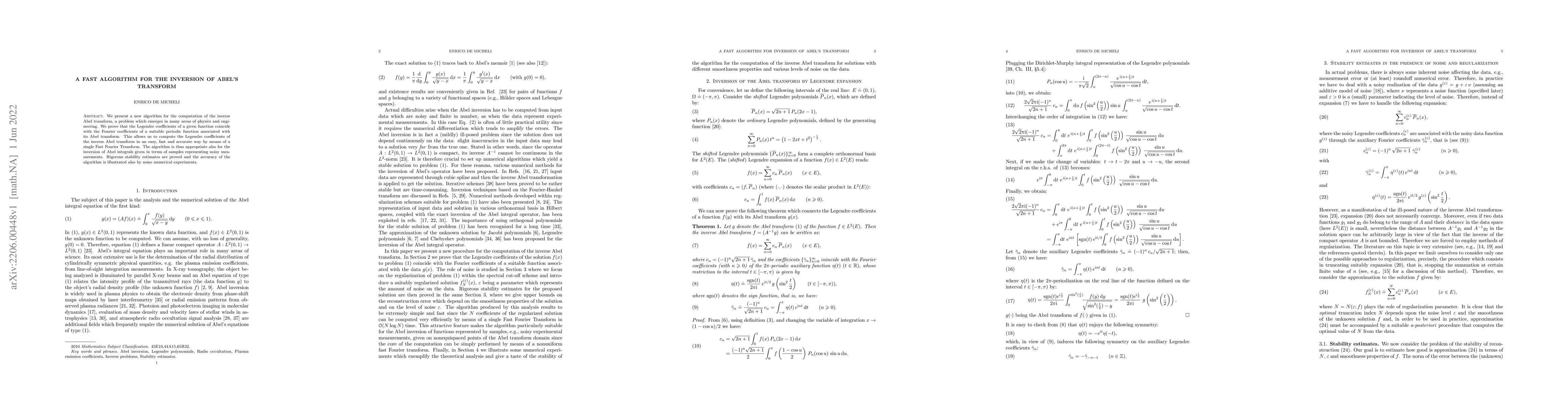 Thumbnail for A fast algorithm for the inversion of Abel's transform