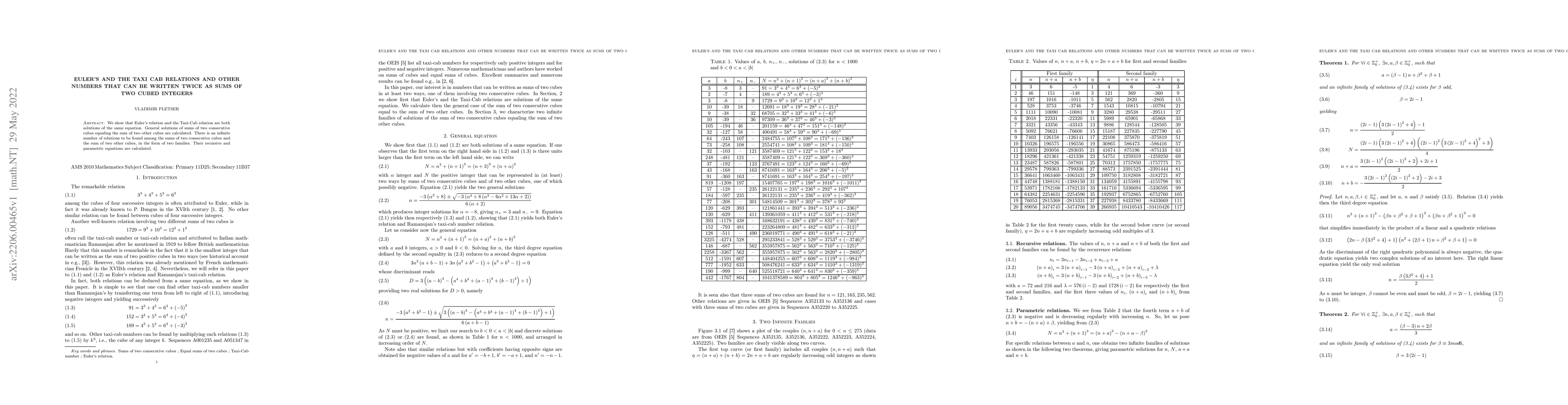 Thumbnail for Euler's and the Taxi Cab relations and other numbers that can be written
  twice as sums of two cubed integers