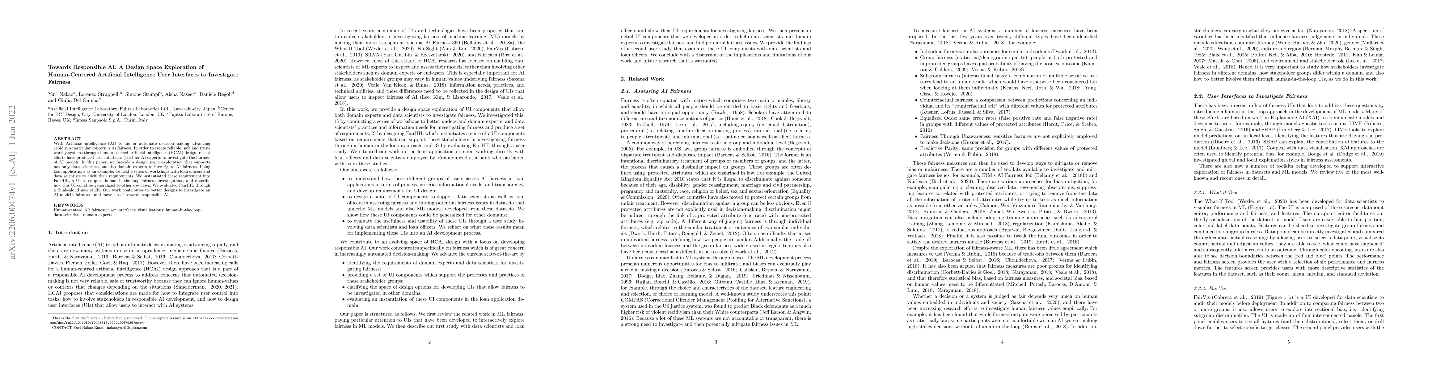 Thumbnail for Towards Responsible AI: A Design Space Exploration of Human-Centered
  Artificial Intelligence User Interfaces to Investigate Fairness