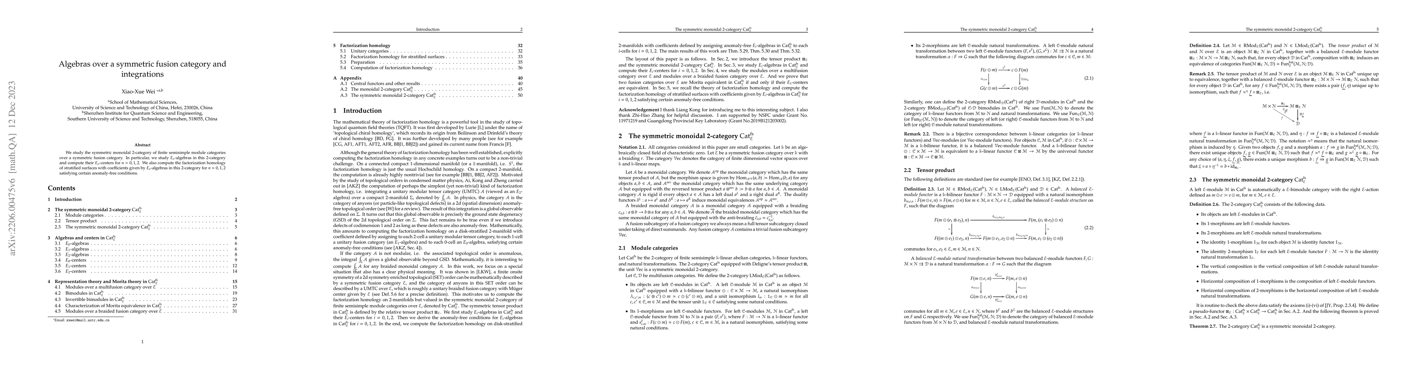Thumbnail for Algebras over a symmetric fusion category and integrations