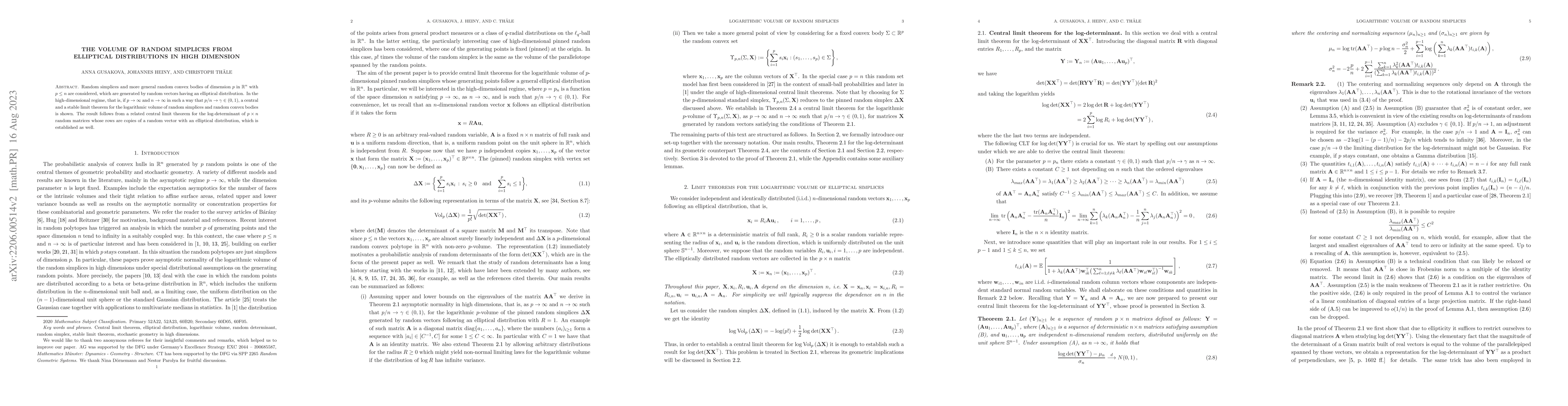 Thumbnail for The volume of random simplices from elliptical distributions in high
  dimension