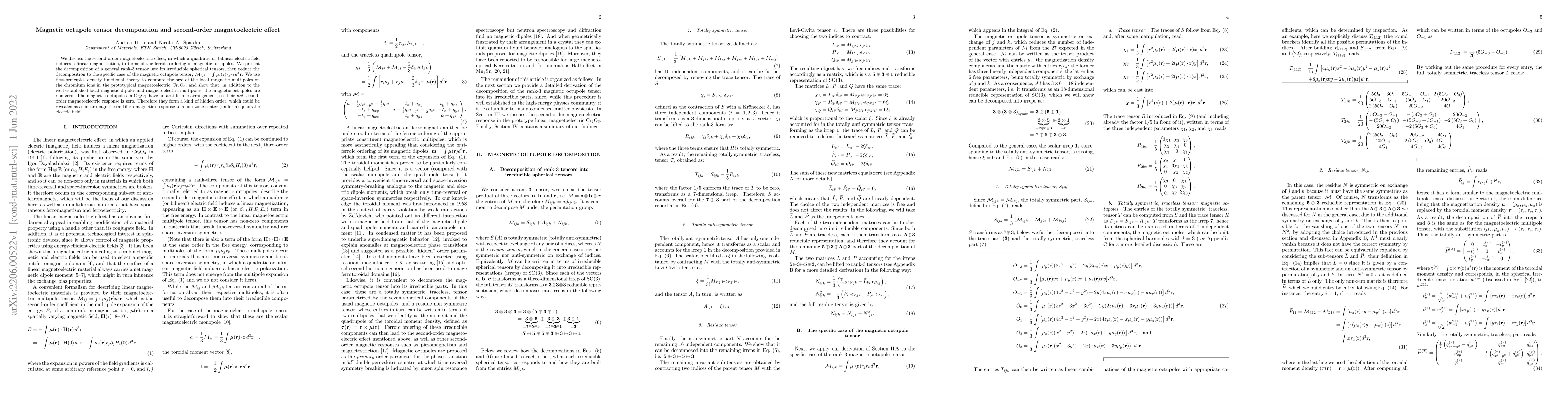 Thumbnail for Magnetic octupole tensor decomposition and second-order magnetoelectric
  effect