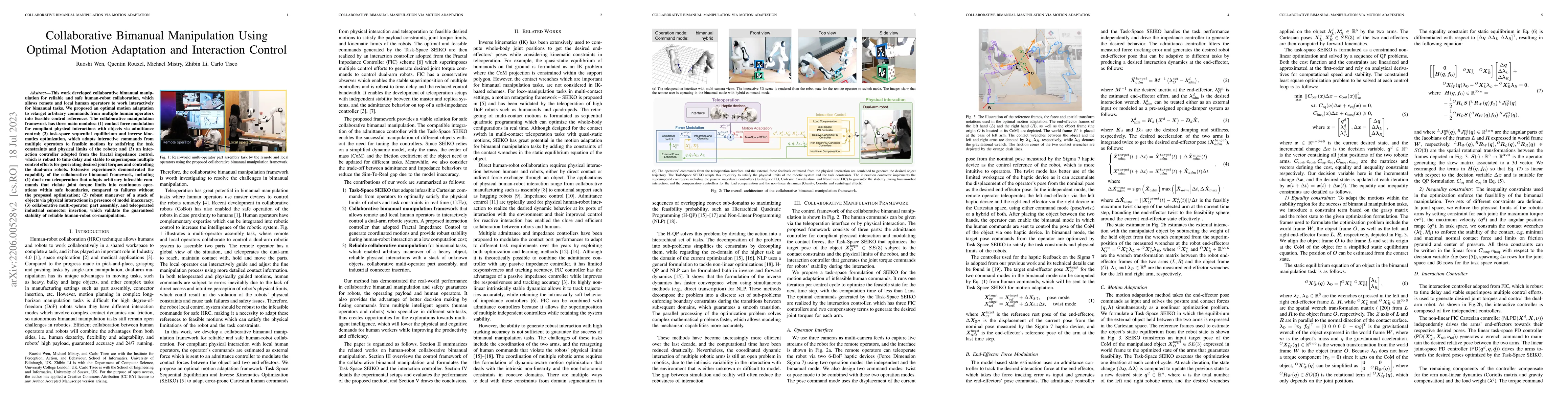 Thumbnail for Collaborative Bimanual Manipulation Using Optimal Motion Adaptation and
  Interaction Control