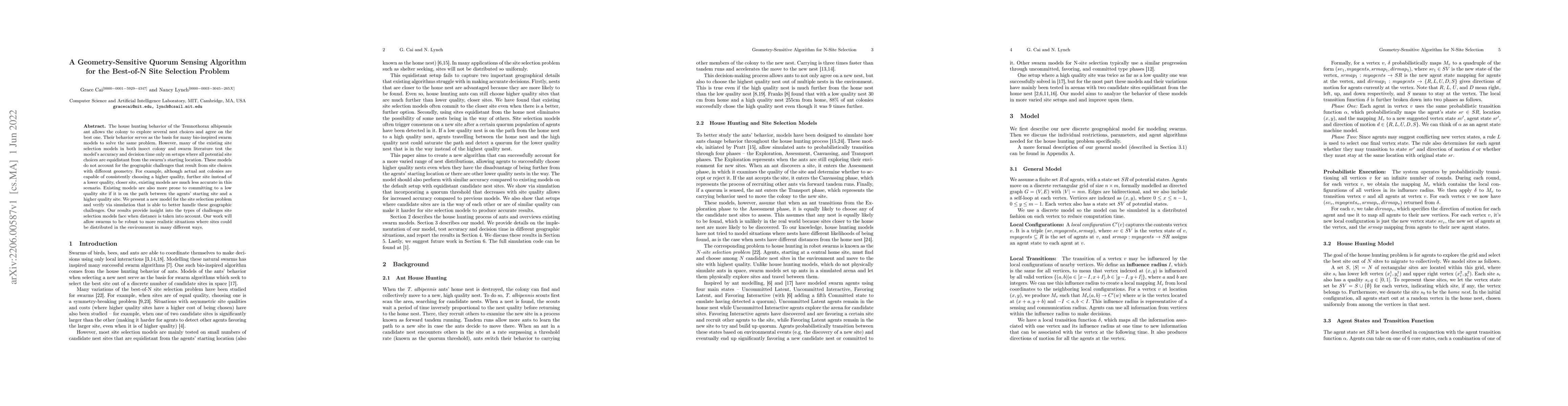 Thumbnail for A Geometry-Sensitive Quorum Sensing Algorithm for the Best-of-N Site
  Selection Problem