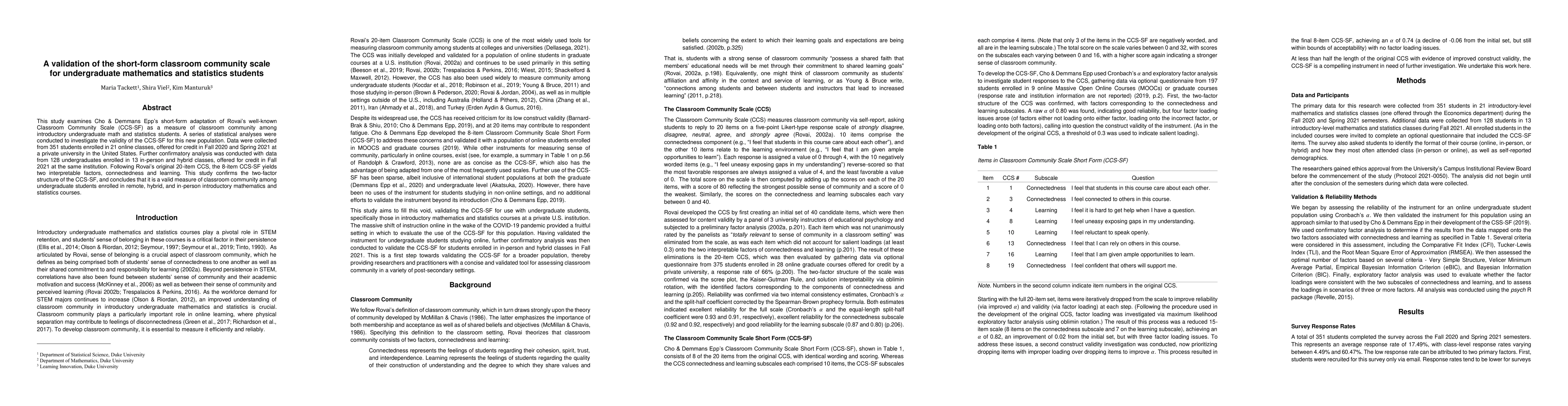 Thumbnail for A validation of the short-form classroom community scale for
  undergraduate mathematics and statistics students