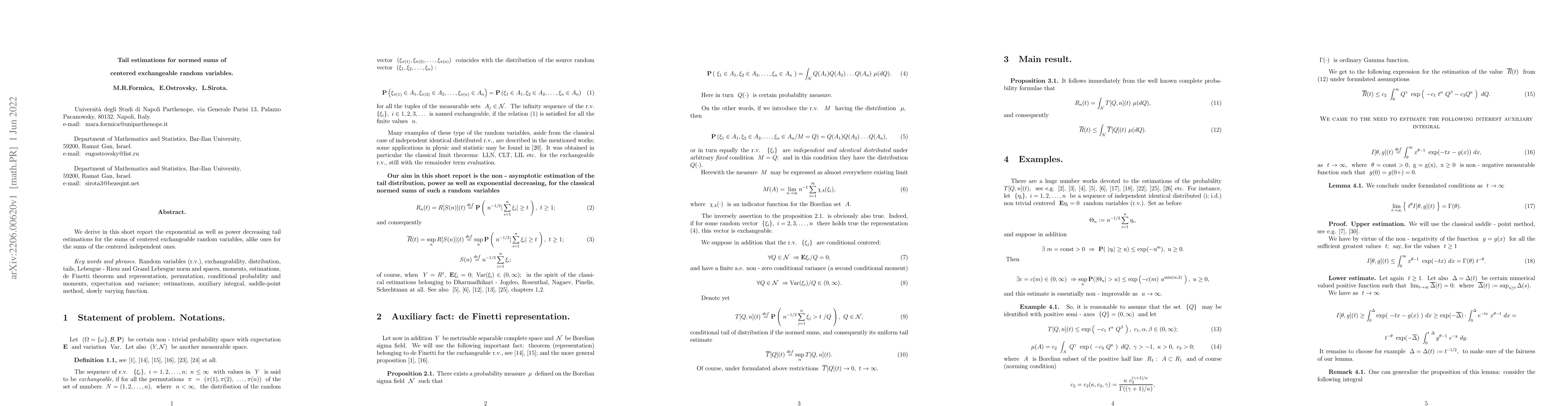 Thumbnail for Tail estimations for normed sums of centered exchangeable random
  variables