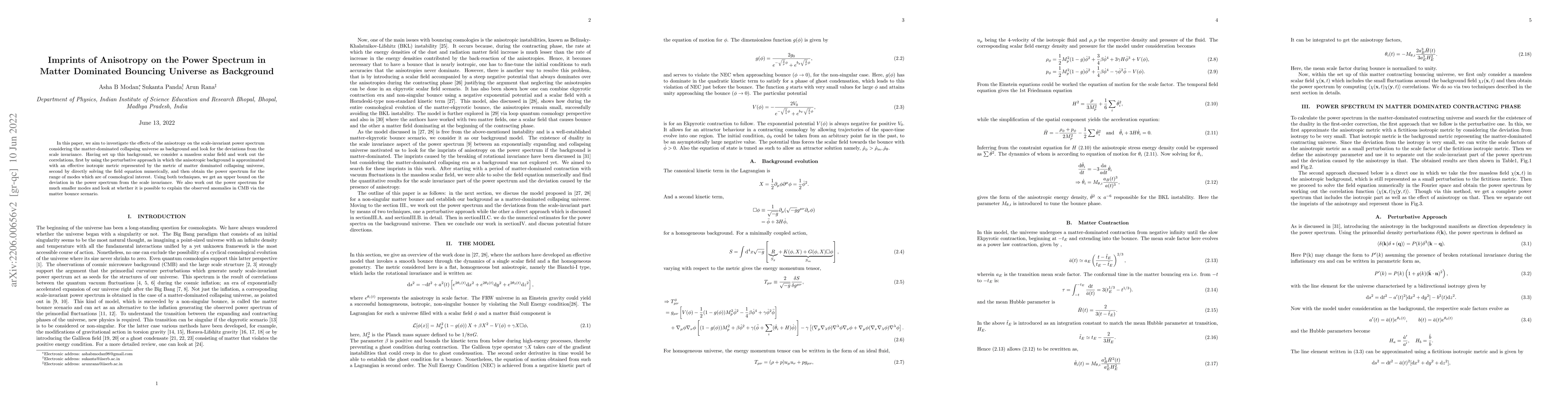 Thumbnail for Imprints of Anisotropy on the Power Spectrum in Matter Dominated
  Bouncing Universe as Background