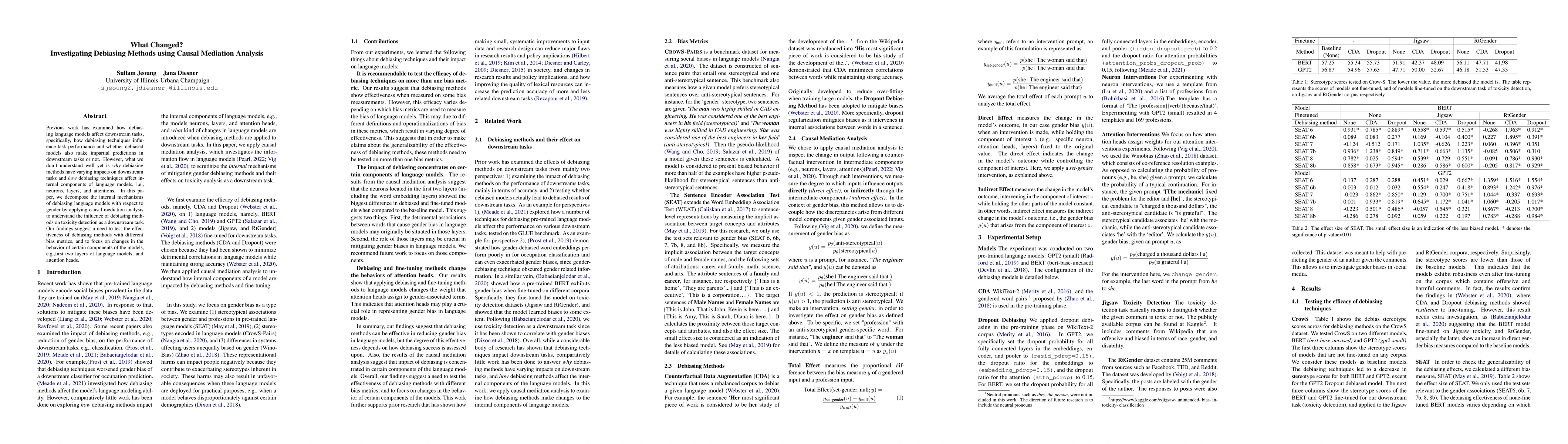 Thumbnail for What Changed? Investigating Debiasing Methods using Causal Mediation
  Analysis