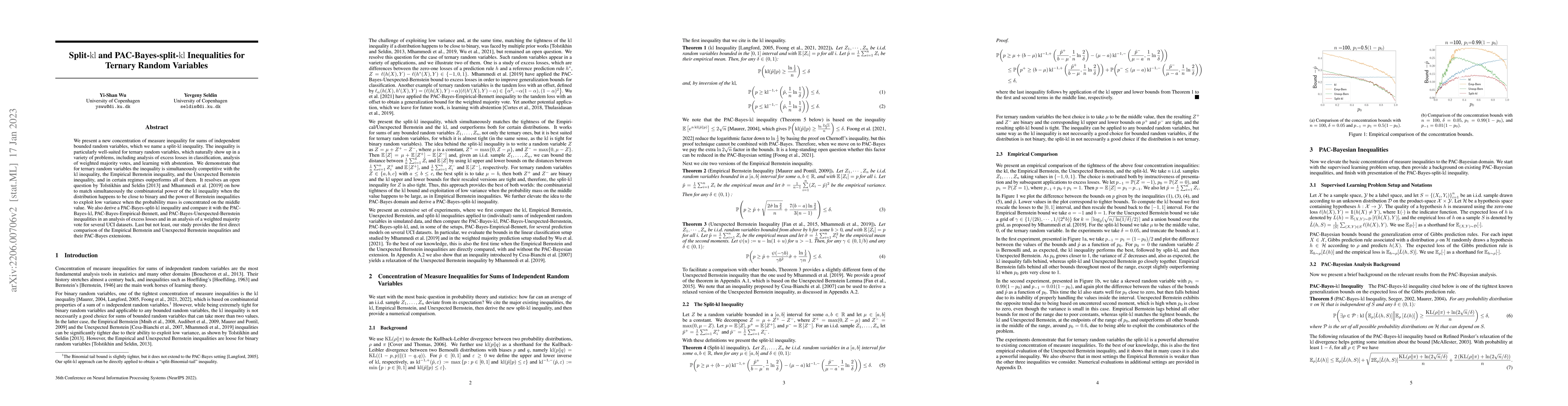 Thumbnail for Split-kl and PAC-Bayes-split-kl Inequalities for Ternary Random
  Variables